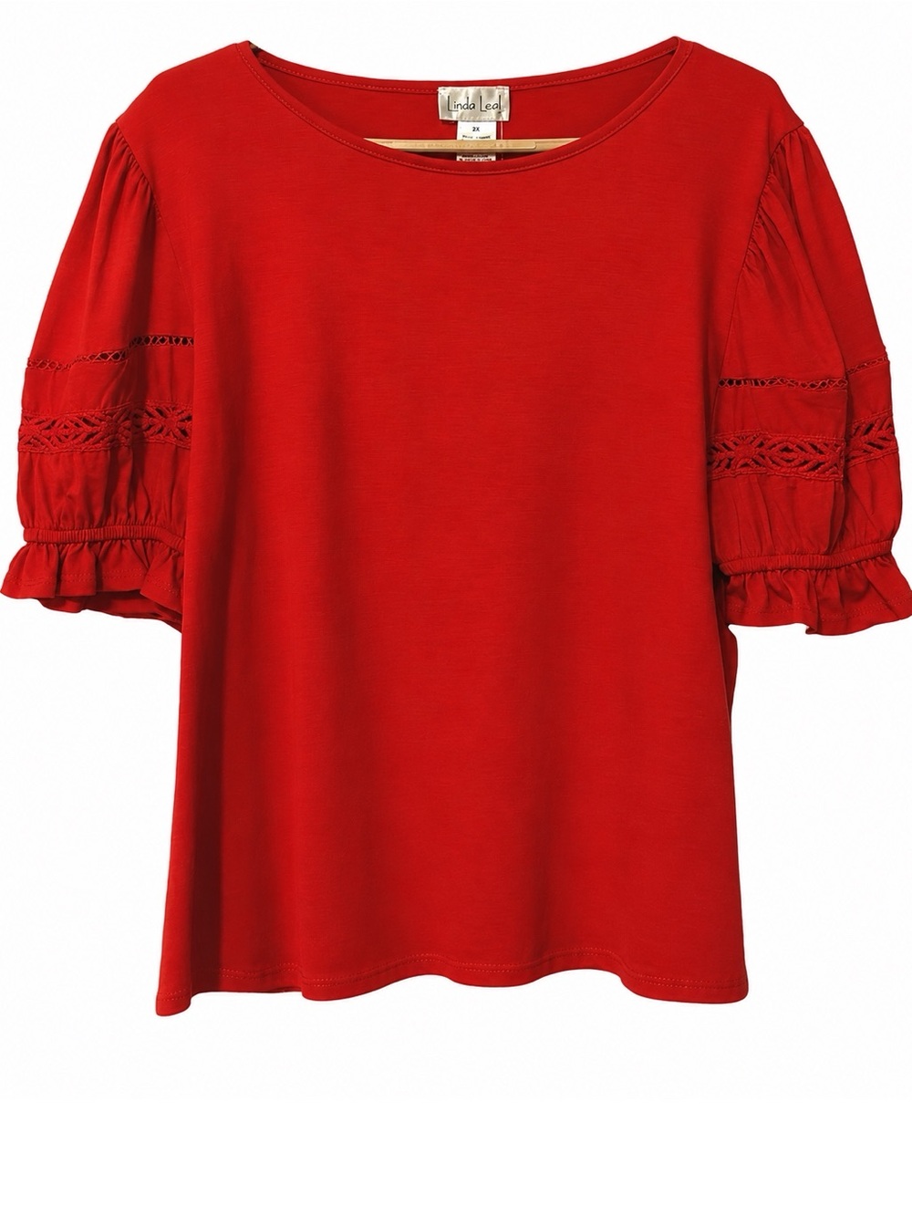 Linda Leal NWT 2X Coral Cotton Crochet Puff Sleeve Boho Peasant Top Coastal Chic